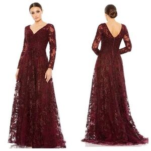 Mac Duggal 20409 Mahogany Deep Red Formal Evening Lace Long Sleeve Gown Women 20